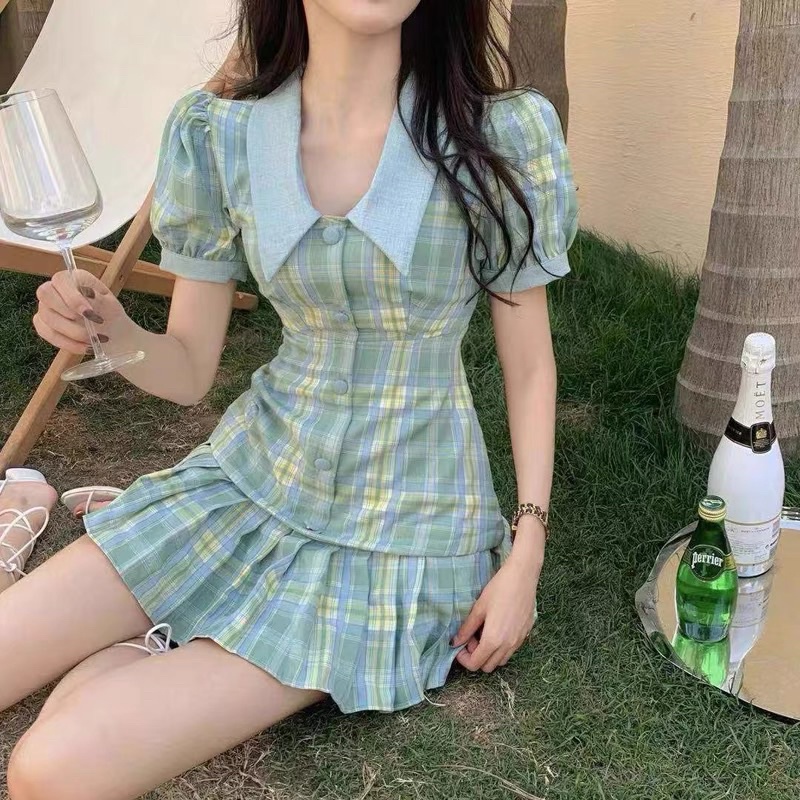 Váy xanh kẻ caro cổ chiếc lá đuôi cá dáng ngắn sexy ulzzang Hàn Quốc [Yannie]