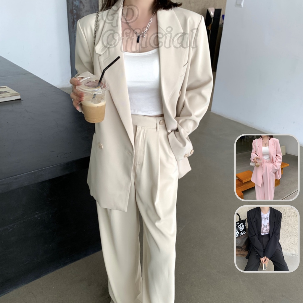 B47|Set bộ vest blazer công sở nữ áo khoác dài tay, quần cạp lưng cao ống thẳng suông hồng/đen/kem âu tây GD Official -