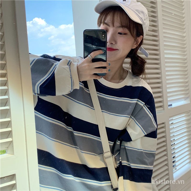 Áo Sweater Kẻ Sọc Ngang Form rộng Thời Trang Thu Đông Phong Cách Hàn Quốc Xinh Xắn Cho Nữ sJRD