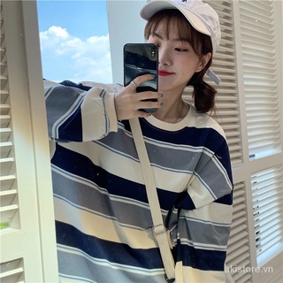 Áo Sweater Kẻ Sọc Ngang Form rộng Thời Trang Thu Đông Phong Cách Hàn Quốc Xinh Xắn Cho Nữ sJRD