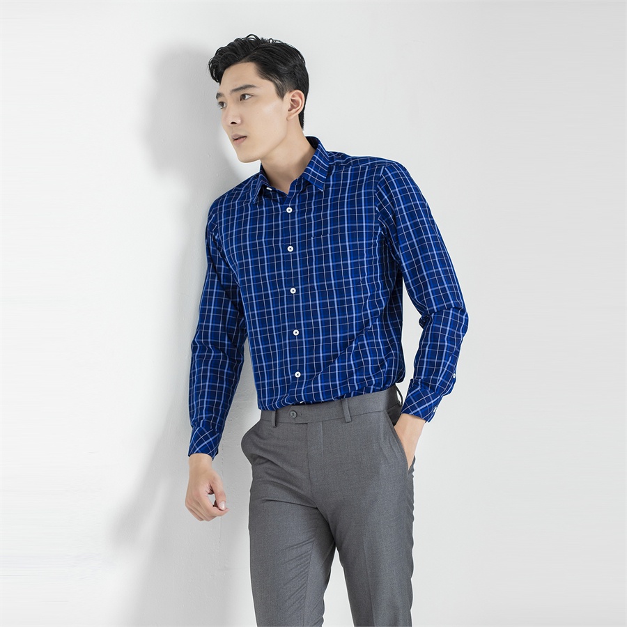 Áo sơ mi nam dài tay ARISTINO ALS26301 somi công sở vải sợi sồi màu xanh tím than kẻ trắng dáng suông tà lượn có túi