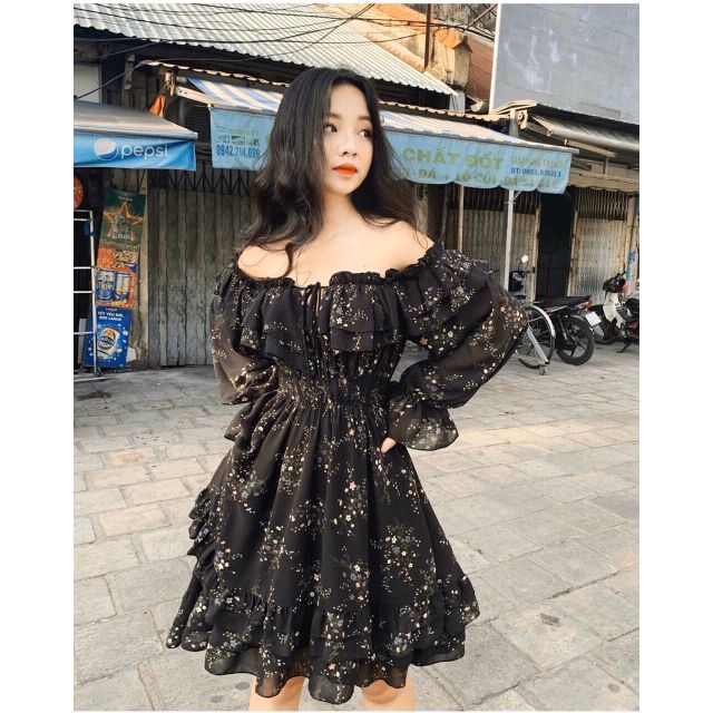 SẴN HÀNG -Đầm voan hoa nhí trễ vai- Full 3 màu