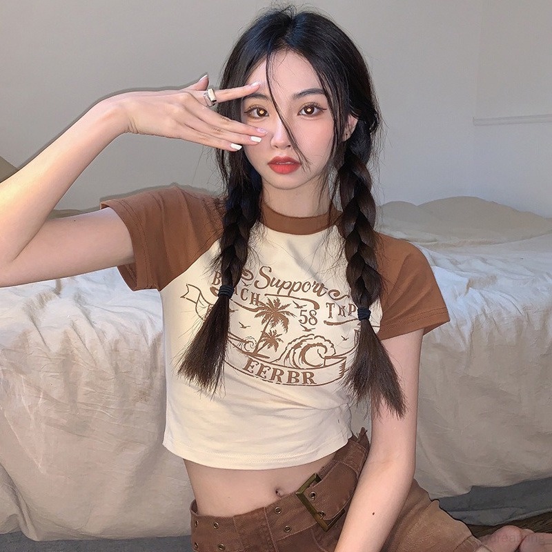 Áo Thun Croptop Tay Ngắn Dáng Ôm In Chữ Phong Cách Hàn Quốc Thời Trang Cho Nữ