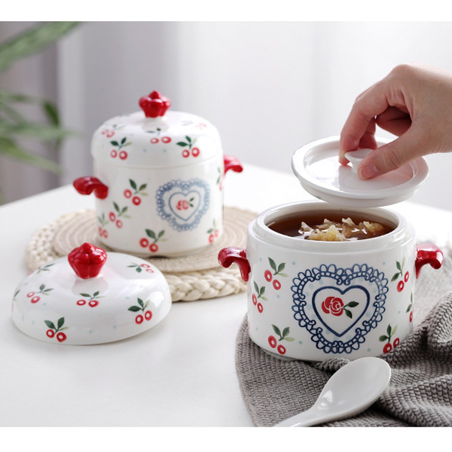 Thố chưng yến bằng sứ cao cấp, hũ chưng yến cách thủy dung tích 450ml - 650ml họa tiết cherry đỏ