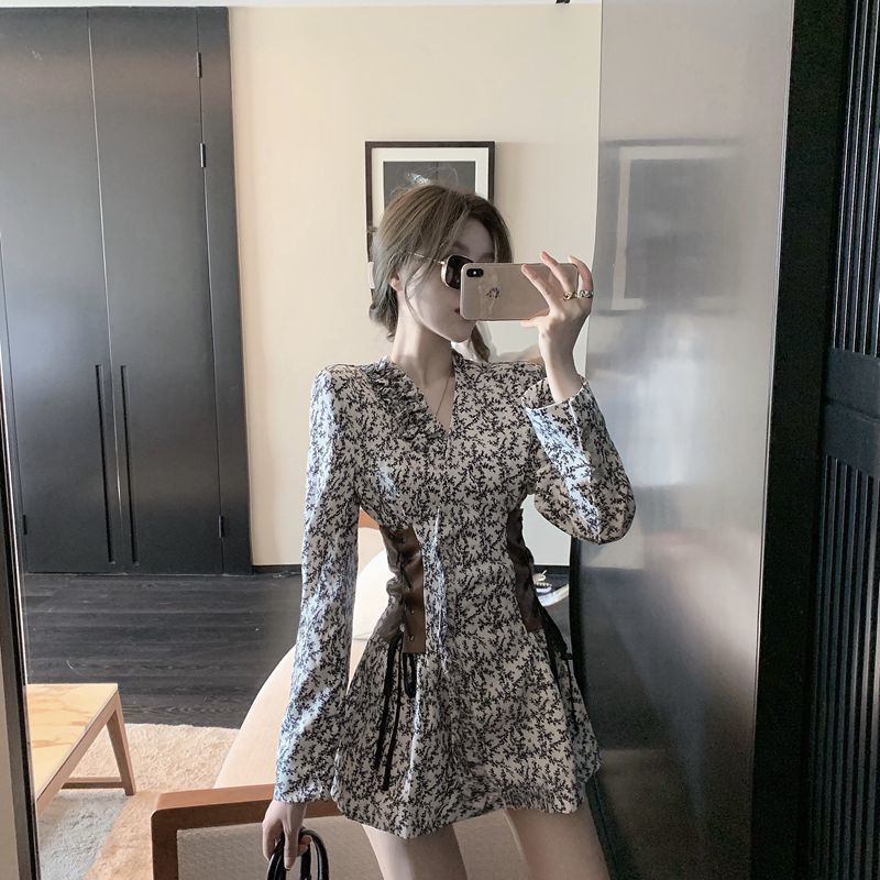 Girls Long Sleeve V-neck Bandage Floral Dress Autumn Fashion Goddess A-line Dress
