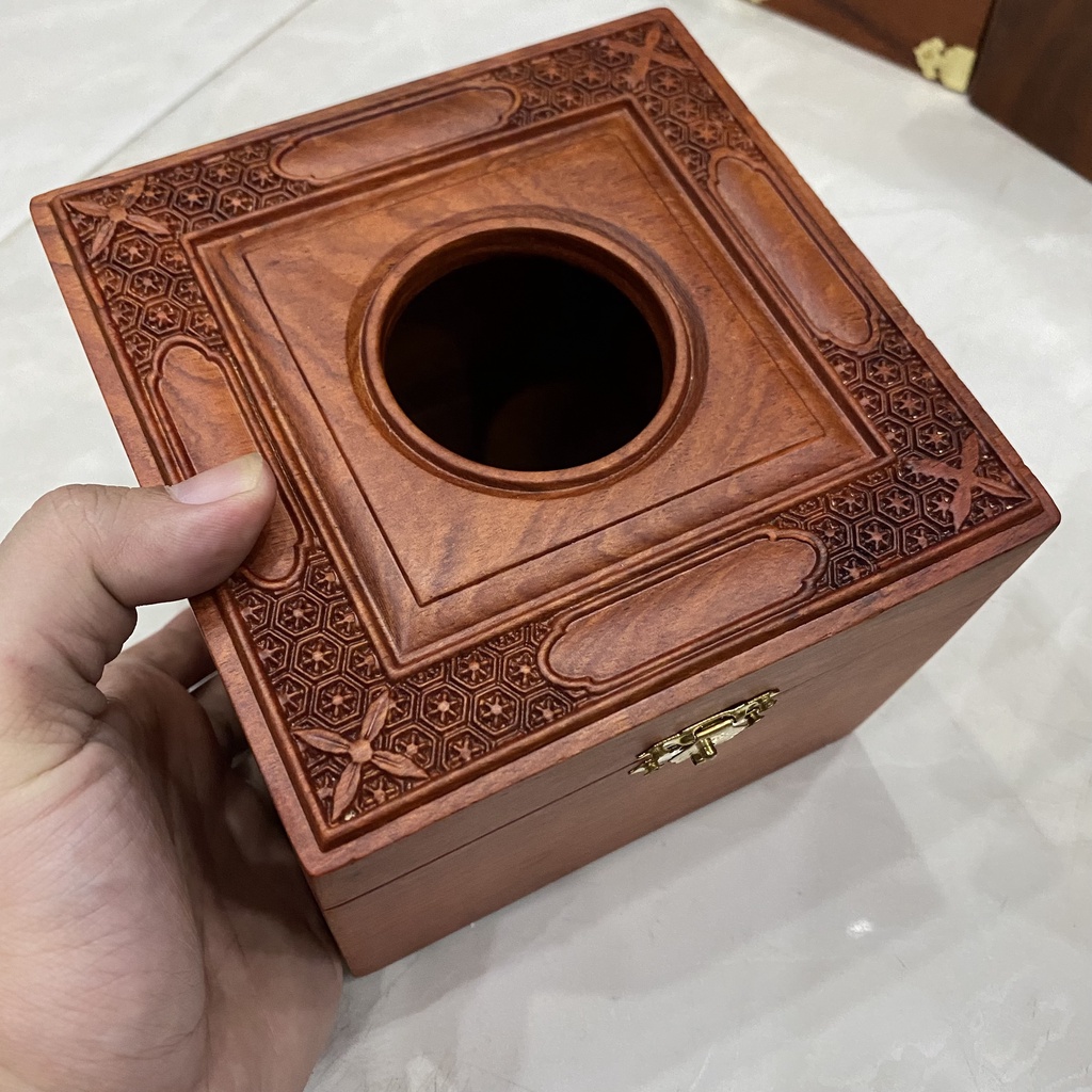 Hộp Đựng Giấy ăn Vuông gỗ hương cao cấp trạm hoa văn tinh xảo