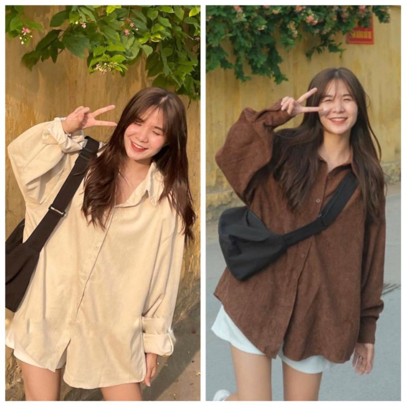Áo Sơ Mi Tay Dài Chất Nhung Tăm Form Rộng Ulzzang Hàn Quốc