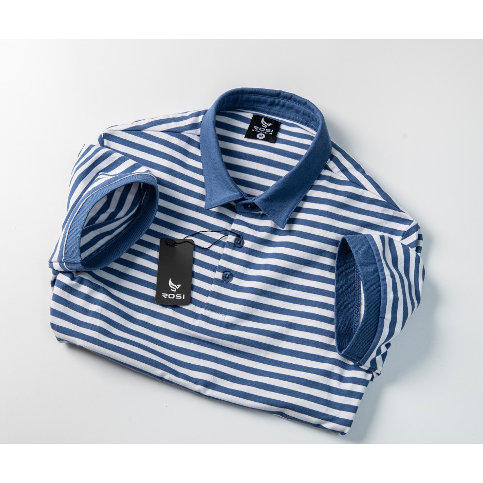 Áo thun nam cao cấp Rosi PL14 cổ polo tay bo ngắn,vải cotton trơn mịn kẻ ngang xanh trắng, dáng ôm(Slimfit) trẻ trung | BigBuy360 - bigbuy360.vn