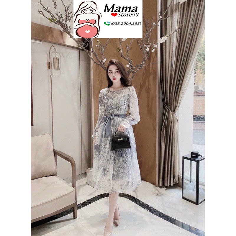 Váy Bầu Mùa Hè Kèm Đai Thắt,Dáng Suông Dài Đầm Bầu Voan Tơ Hai Lớp Xinh Xắn Công Sở V0049 Mama Store99