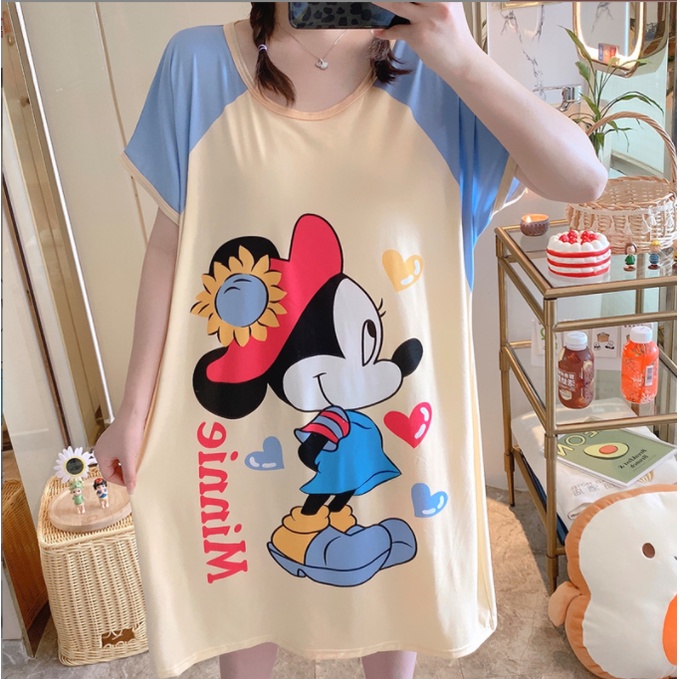 Váy ngủ cộc tay | Đầm ngủ dáng suông chất cotton mềm mát họa tiết hoạt hình cute hoạt hình
