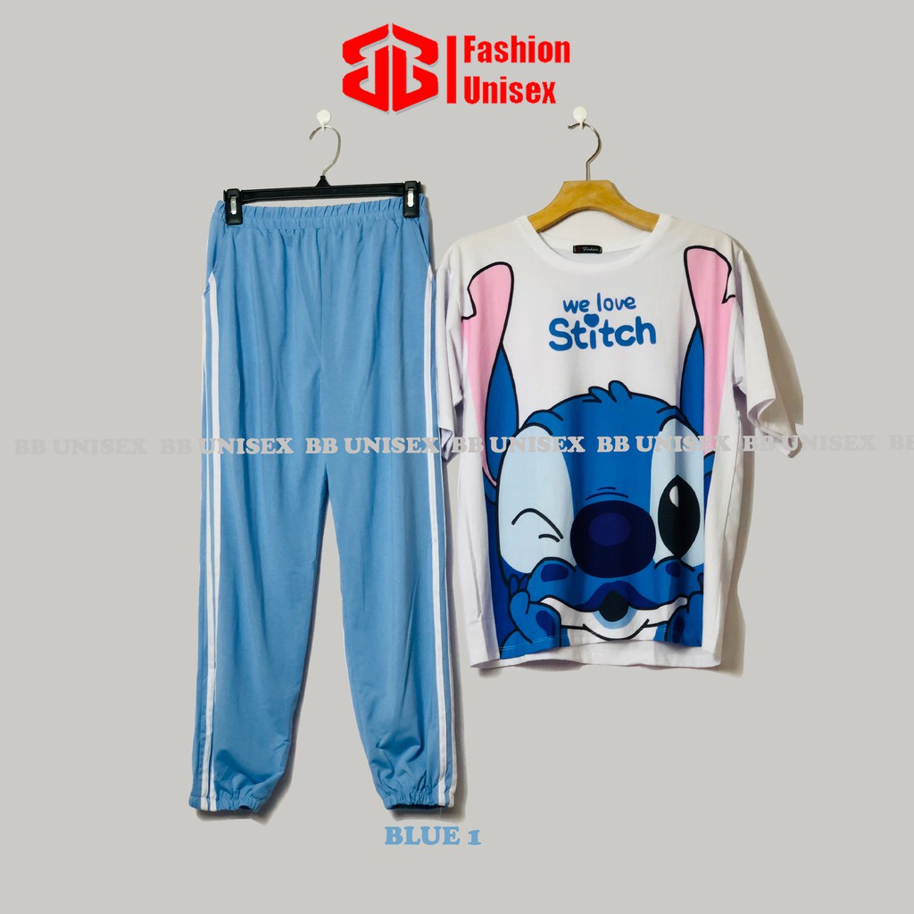 SET BỘ THUN JOGGER 3 SỌC - QUẦN XANH DƯƠNG, ÁO CARTOON From Rộng Unisex , THOÁNG MÁT, Freesize DƯỚI 65KG - BB UNISEX