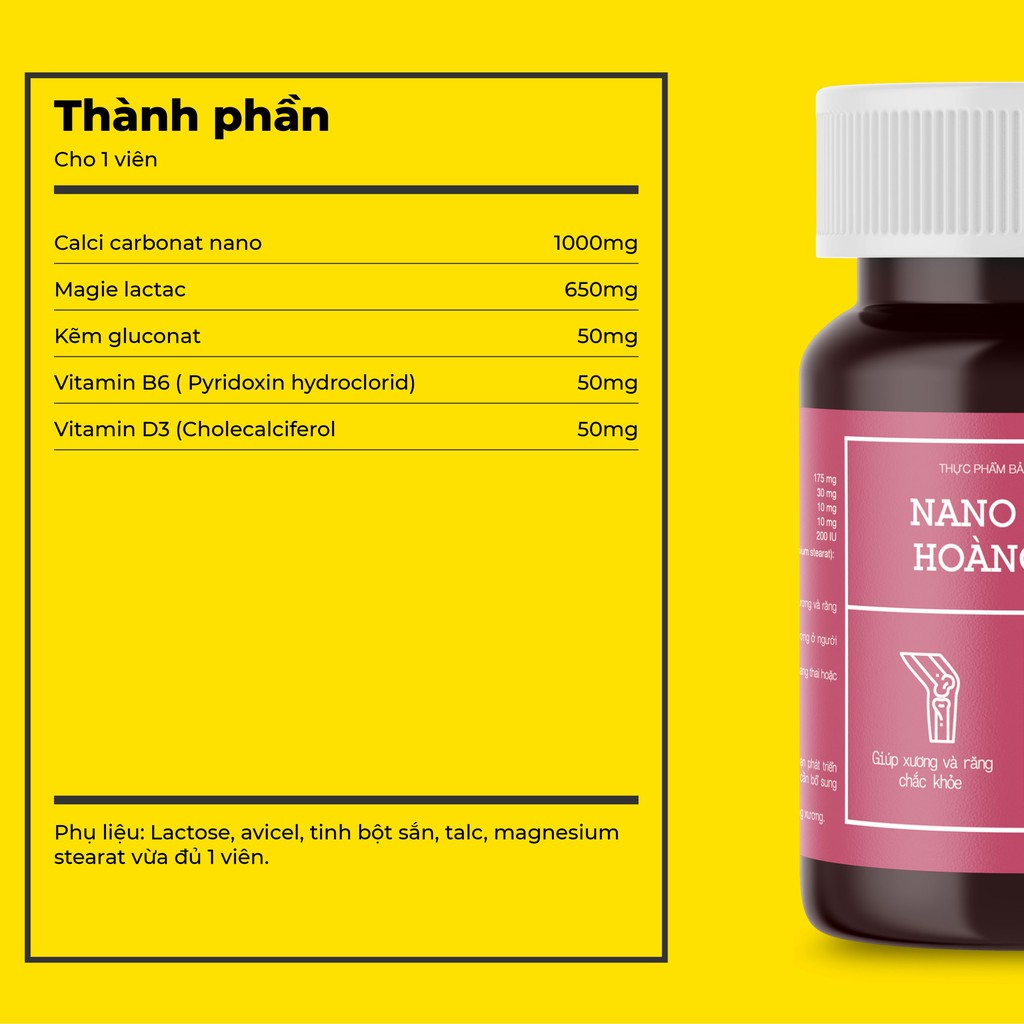 Nano Canxi Hoàng Liên – Hỗ trợ bổ sung canxi và vitamin D3 cho bà bầu và trẻ em, giúp xương chắc khỏe (lọ 60 viên)