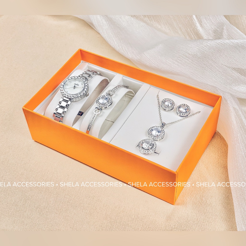 Đồng hồ nữ đẹp chính hãng set 5 món dây kim loại mặt tròn màu bạc đính đá sang chảnh LUSHIKA LK04