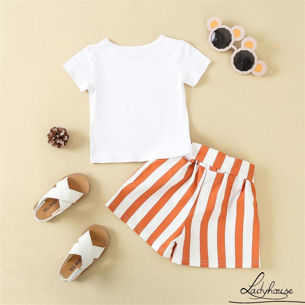 Áo thun cổ tròn in hình thỏ hoạt họa + quần short kẻ sọc phối thắt lưng phong cách mùa hè dành cho bé
