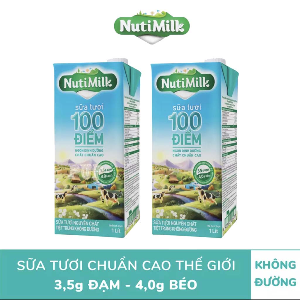 2 Hộp Sữa Tươi  Tiệt Trùng 100 Điểm Không Đường Nutimilk 1lít