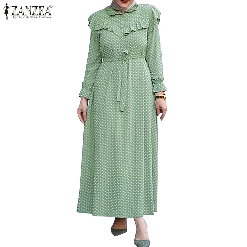 Zanzea Đầm Maxi Tay Dài Cổ Tròn Họa Tiết Chấm Bi Thanh Lịch Dành Cho Phụ Nữ Hồi Giáo