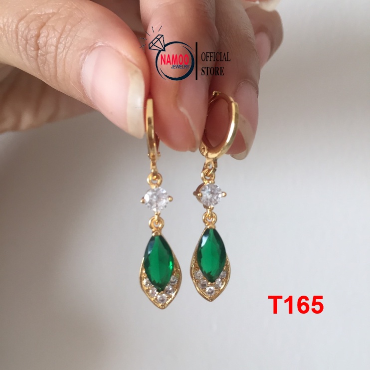 Bông Tai Nữ Dáng Dài Đá Xanh Ngọc T165 Bạc 925 Mạ Vàng Namoo Jewelry