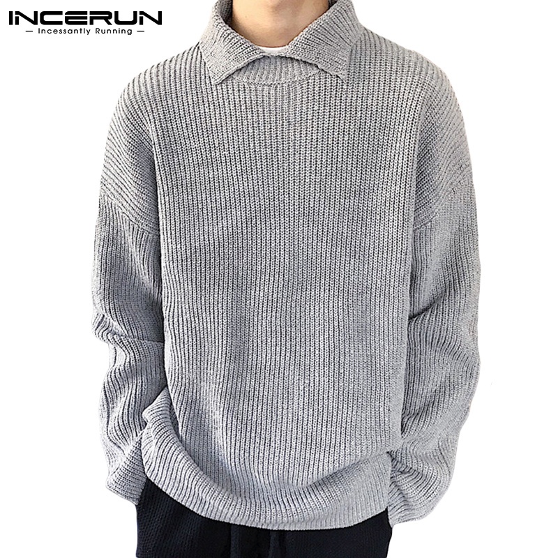 Áo Sweater INCERUN dệt kim cổ bẻ tay dài màu trơn cho nam