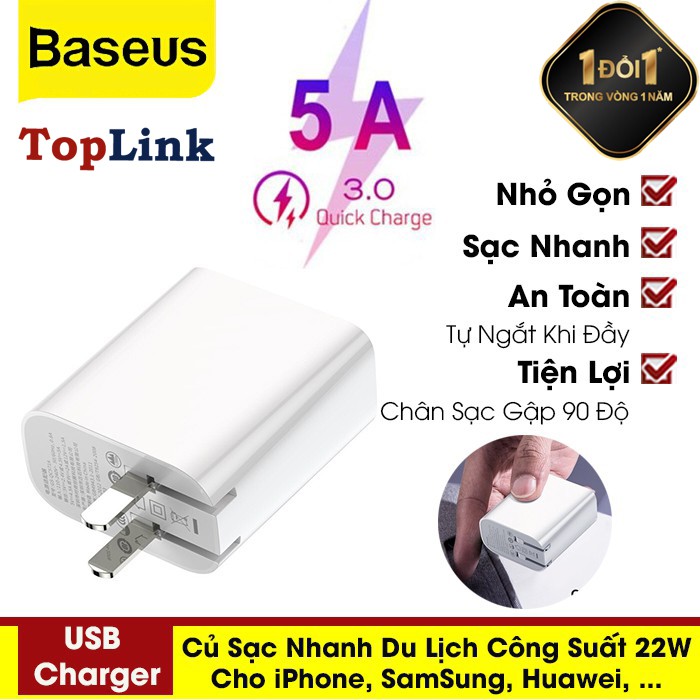 Củ Sạc Du Lịch Công Suất 22w Sạc Protable Điện Thoại Di Động USB Sạc Cho Iphone Samsung Huawei - TopLink