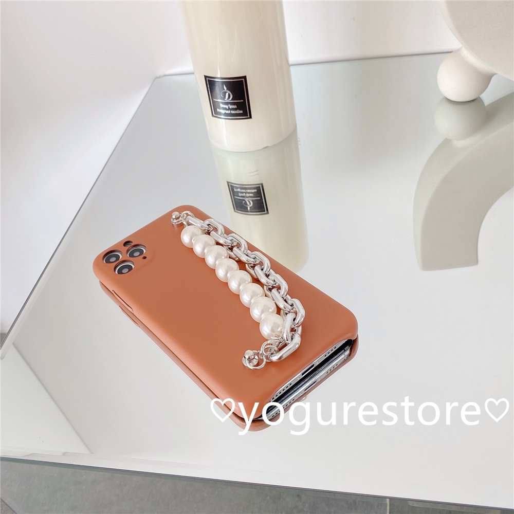 Fashion Pearl Silver Bracelet Caramel Colour Leather Soft Phone Case Cover for iPhone 12 Mini 12 Pro Max 11 Pro Max X XS XR XSMax 8 7 Plus SE 2020