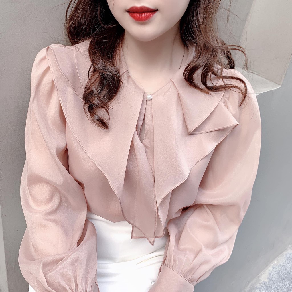 [Mã SKAMFSW175 giảm 10K đơn 50K] Áo sơ mi nữ dài tay công sở tơ cổ bèo cúc ngọc cách điệu A813 KYMIE