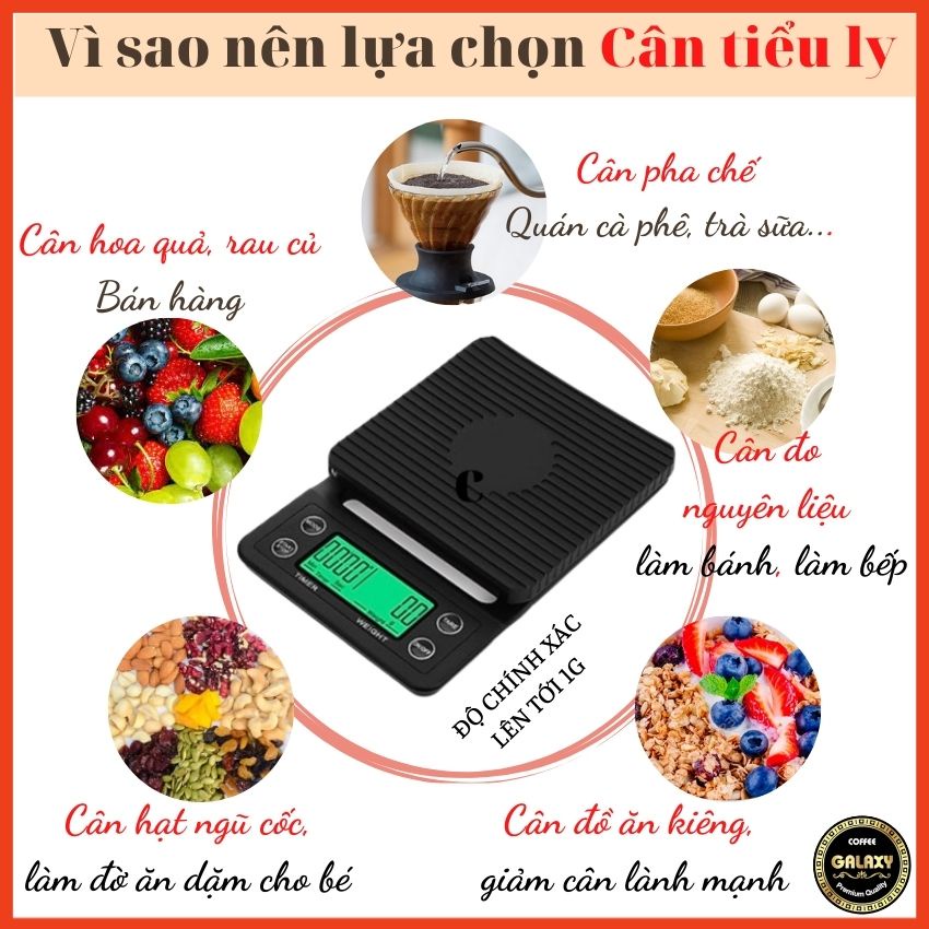 Cân Tiểu Ly Điện Tử Cao Cấp Nhà Bếp Mini Galaxy Coffee Định Lượng 1kg 3kg 5kg 10kg Cân Tiểu Li Tặng Kèm Pin