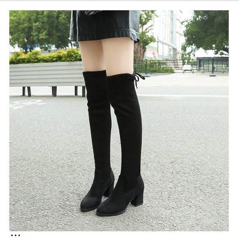 Bốt đùi nữ da lộn lót lông có dây buộc gót vuông cao 6cm