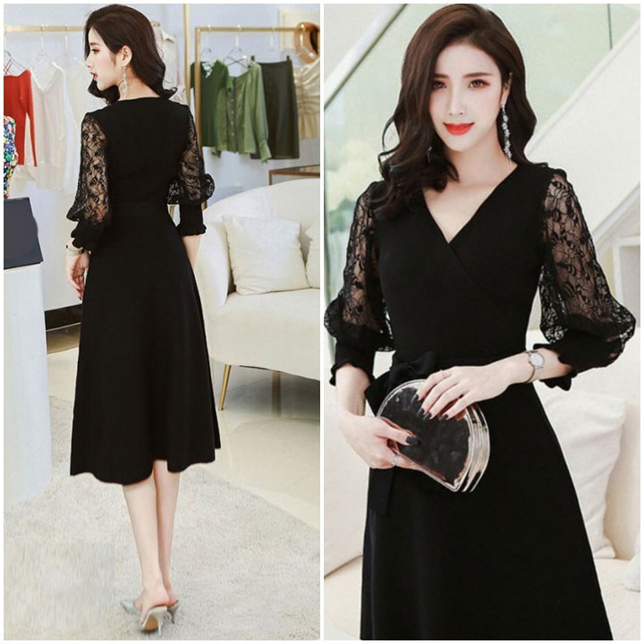 Đầm xòe, váy nữ cổ tim, tay lỡ phối ren, eo thắt nơ, thích hợp dự tiệc, du lịch