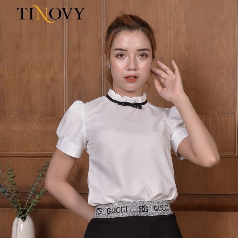 Áo Sơ Mi Nữ TINOVY Cổ Bèo Tay Cộc Phối Ruy Băng Cổ Gắn Nơ 203-0118