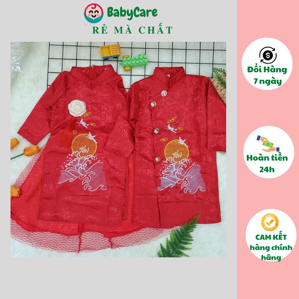 Áo dài cách tân màu đỏ cho bé trai/ bế gái vải gấm phối họa tiết cho trẻ em 2 3 4 5 6 7 8 9  tuổi0