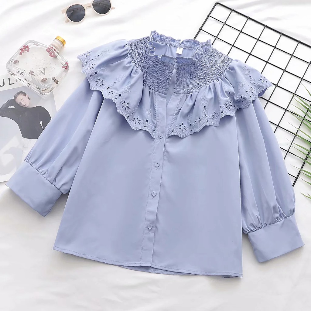 Áo Zara chemise không cổ họa tiết hoa thêu đột AT2SMG49N6