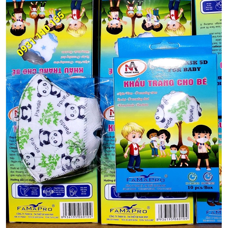 ✅ Hộp 10 cái khẩu trang cho bé 5D mask Famapro Nam Anh hình gấu trúc