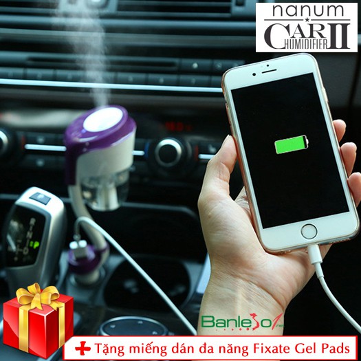 Máy phun sương trên ô tô Nanum Car Humidifier II 2 cổng sạc USB (Xanh-Tím-Đen)