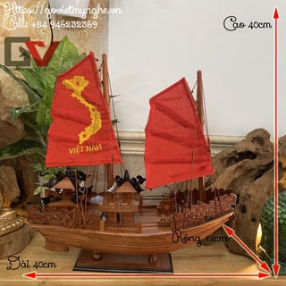 Mô hình thuyền gỗ trang trí thuận buồm xuôi gió tàu Hạ Long - Thân tàu dài 40cm - Gỗ Hương - Buồm Vải Đỏ