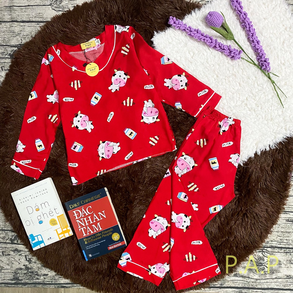 Pijama đồ ngủ tay dài quần dài cho bé trai và bé gái áo cổ tim không nút chất tole màu đỏ