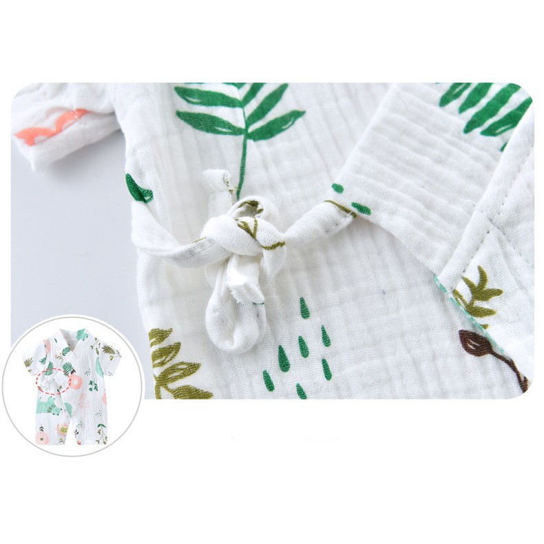 Bộ áo liền quần mùa hè kiểu kimono bằng vải xô cotton siêu mềm cho bé hình gấu xanh.