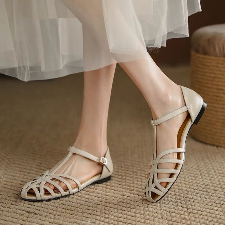 ❤Giày Sandal Đế Thấp Thiết Kế Một Hàng Nút Phong Cách Bohemian Hàn Quốc Cho Nữ