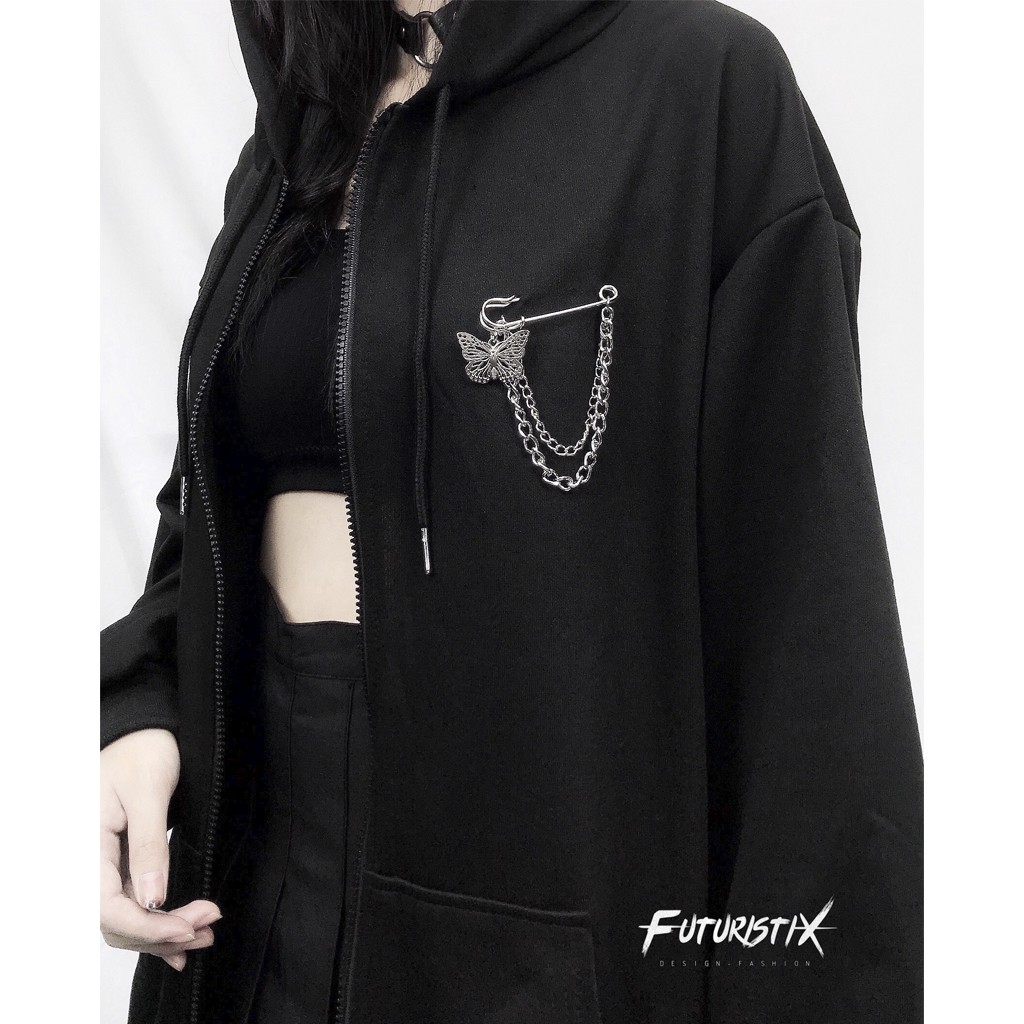 Chân Váy Xếp Lý Sét Cùng Áo Khoác Nữ Hoodie Sừng Đính Kim Băng Futuristix - All Black