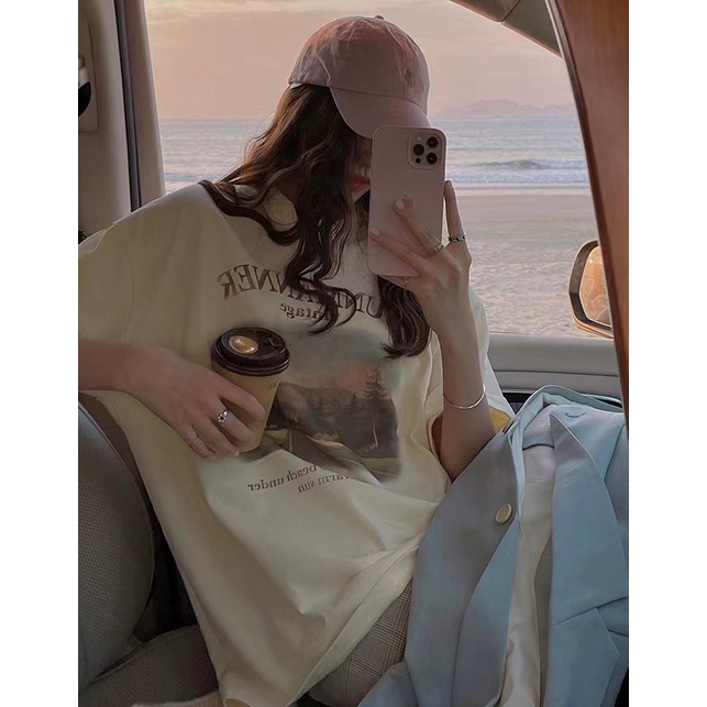 Beryl🌻Áo phông nữ 🌼Áo thun tay ngắn in màu vàng kem phong cách Hàn Quốc Oversize