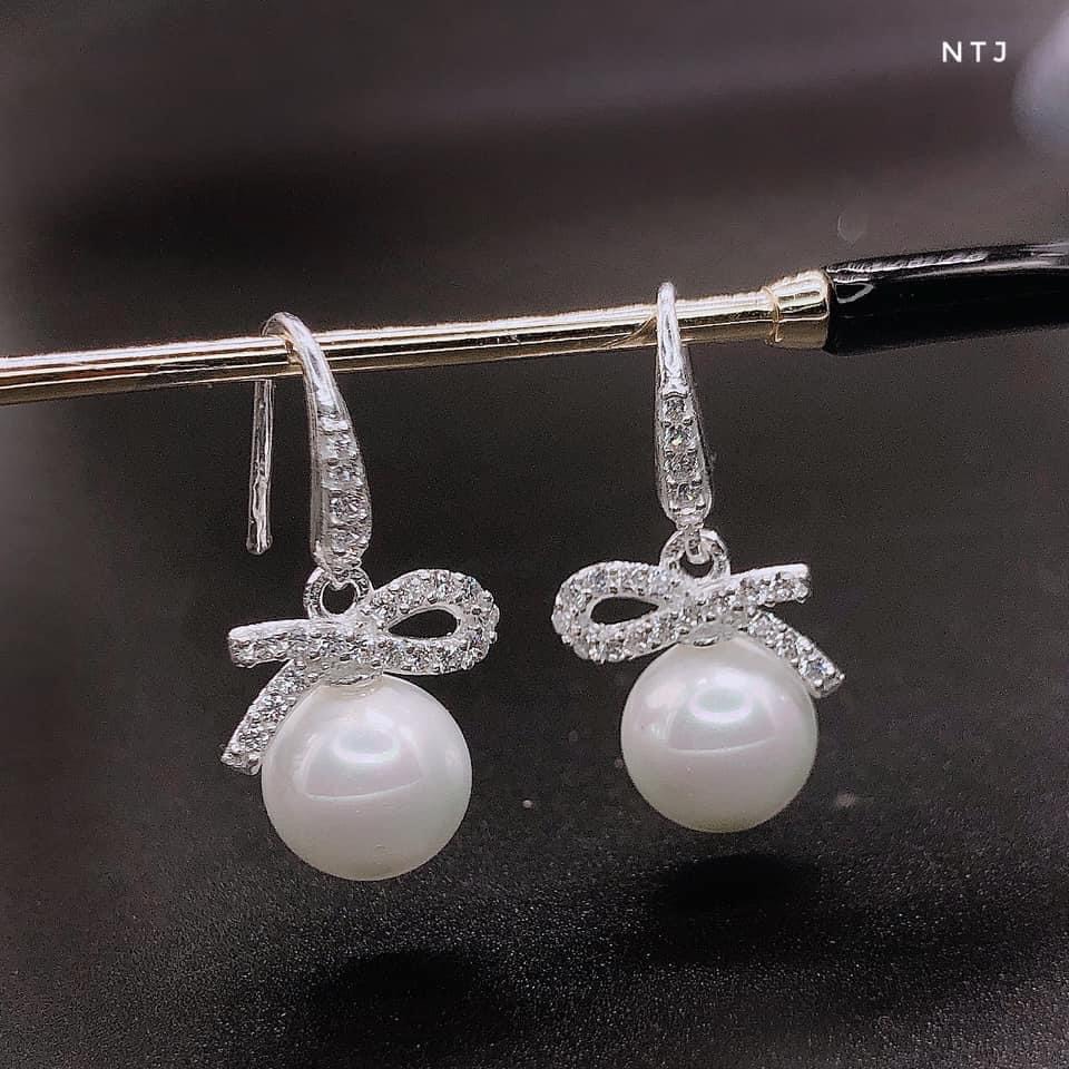 Bông tai nơ đính đá gắn hạt trai chuẩn bạc ta xinh xắn - Kho sỉ bạc Nhất Linh