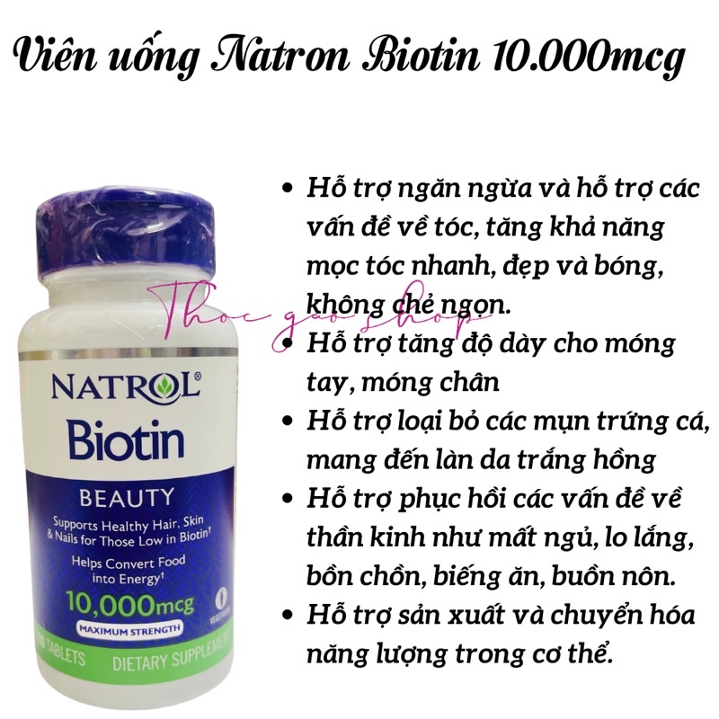 Đẹp da tóc móng Natron Biotin 10.000mcg 100v Mỹ