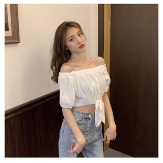 Áo voan croptop trễ vai thắt nơ bụng cá tính TTSA0337