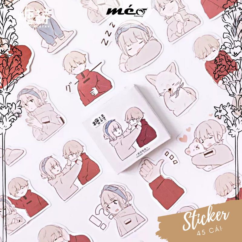 STICKER đôi nam nữ hộp 45 miếng dán trang trí sổ tay, ốp lưng điện thoại - S03