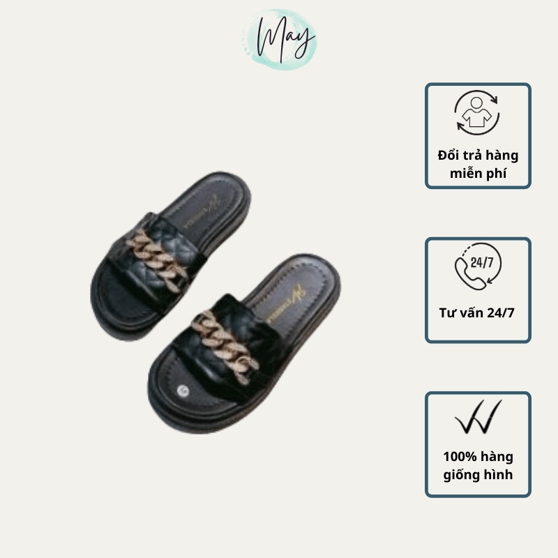 Dép bánh mì nữ, dép nữ quai ngang dây xích mạ vàng, giả đính đá siêu nhẹ, siêu bền, đế đúc 3cm