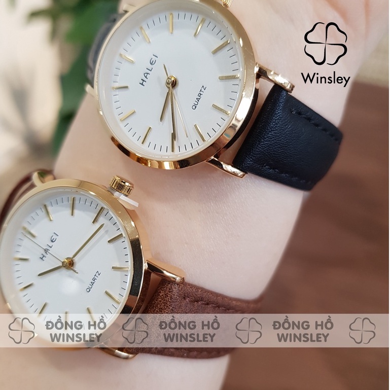 Đồng hồ cặp đôi nam nữ Halei dây da chống nước chính hãng viền mạ vàng Tony Watch 68