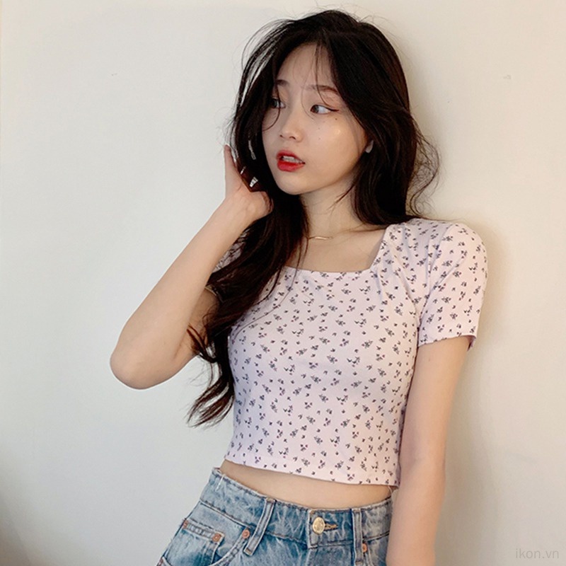 Áo Thun Croptop Ngắn Tay Cổ Vuông Form Ôm Thời Trang Cho Nữ