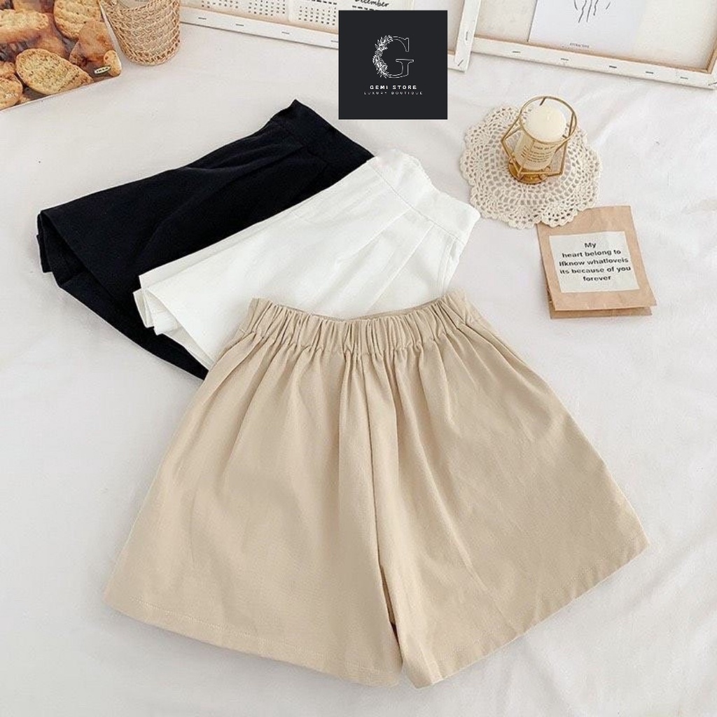 Quần Short Nữ Gemi Dáng Váy Lưng Chun Màu Đen, Trắng, Be Basic Lên From Xinh