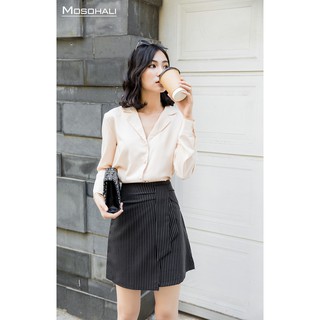 chân váy zip kẻ đen vạt gập