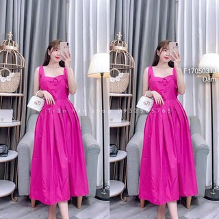 Đầm xòe thô dáng dài ngực đính nút bọc 2 dây thắt nơ vai!
