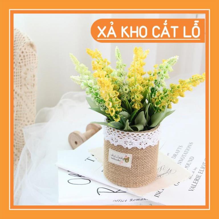 Hoa giả trang trí để bàn đẹp, hoa oải hương KHALIK - chậu hoa bằng vải bố - HF015